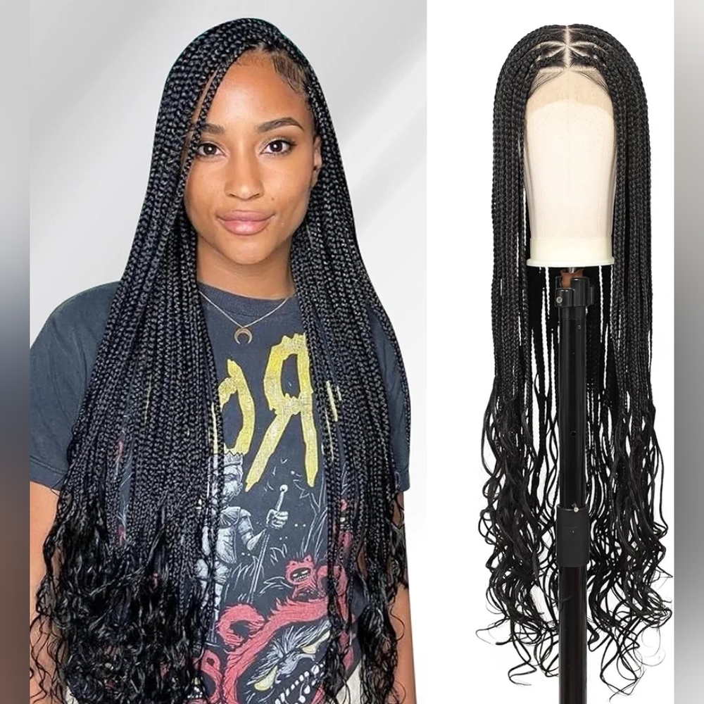 HD Full Lace 36 Inch Box Braided Wigs Box Braid Wig with Curly Ends Synthetic